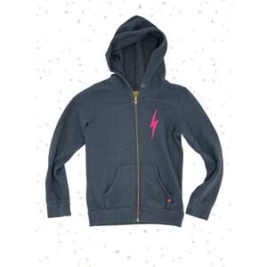 Aviator Nation Hot Pink Bolt Graphic Gray Navy Full Zip Hoodie Unisex Youth 12